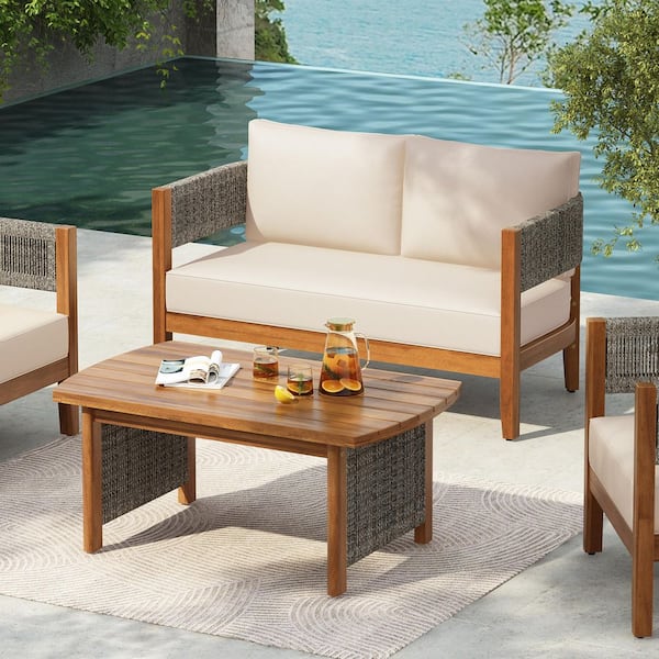 Darren Outdoor 2 Piece Rope Weave and Solid Wood Patio Conversation Set with Beige Cushions, Curved Back, Teak Finish