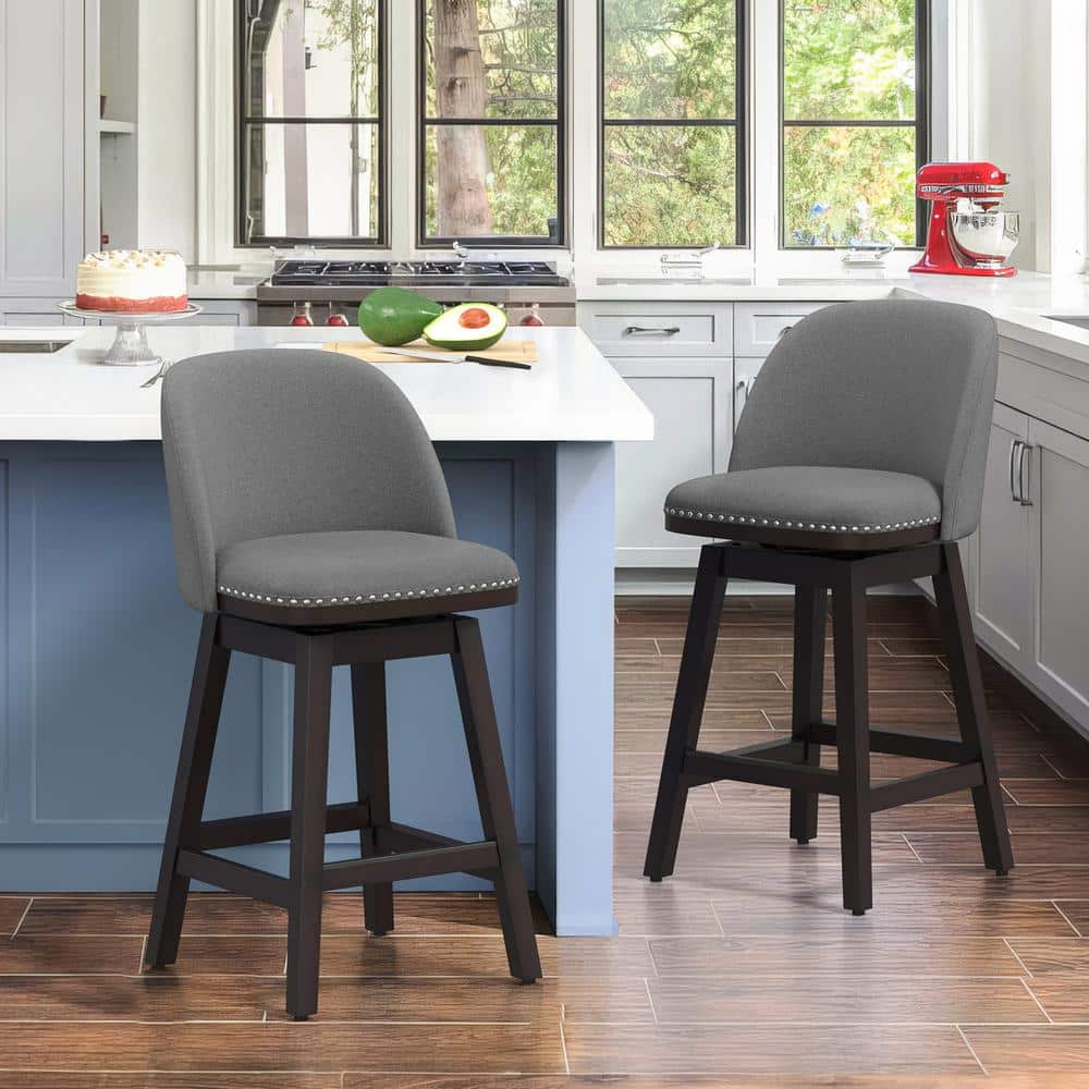 cozyman 26 in. Gray Wood Frame Fabric Swivel Cushioned Bar Stool ...