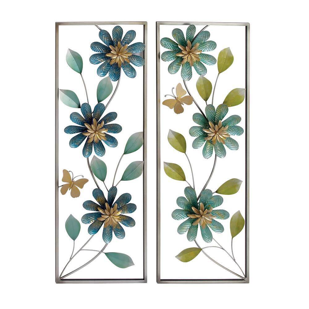 Litton Lane Metal Green Floral Wall Decor with Gold Frame (Set of 2) 23482 The Home Depot