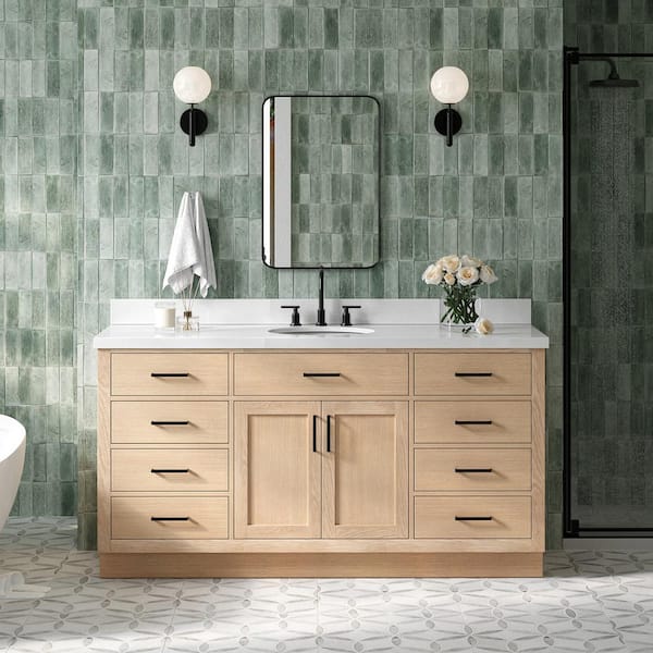 ARIEL Hepburn 67 in. W x 22 in. D x 36 in. H Single Freestanding Bath Vanity in Oak with Pure White Quartz Top