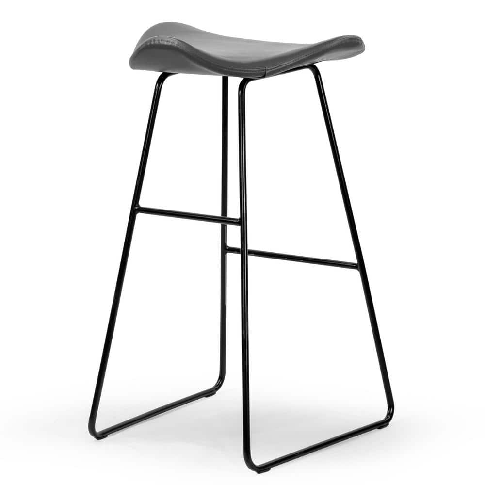 Modern Saddle-Style 25" Black Metal & Leather Backless Barstool