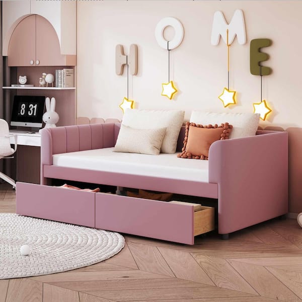 Pink Twin Size Daybed with Ergonomic Design Backrest and 2-Drawers