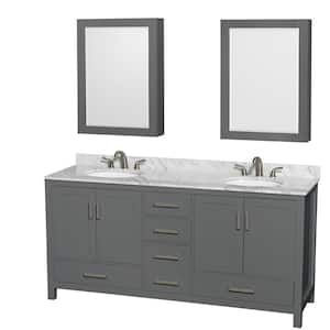 Sheffield 72 in. W x 22 in. D x 35 in. H Double Bath Vanity in Dark Gray with White Carrara Marble Top and MC Mirrors