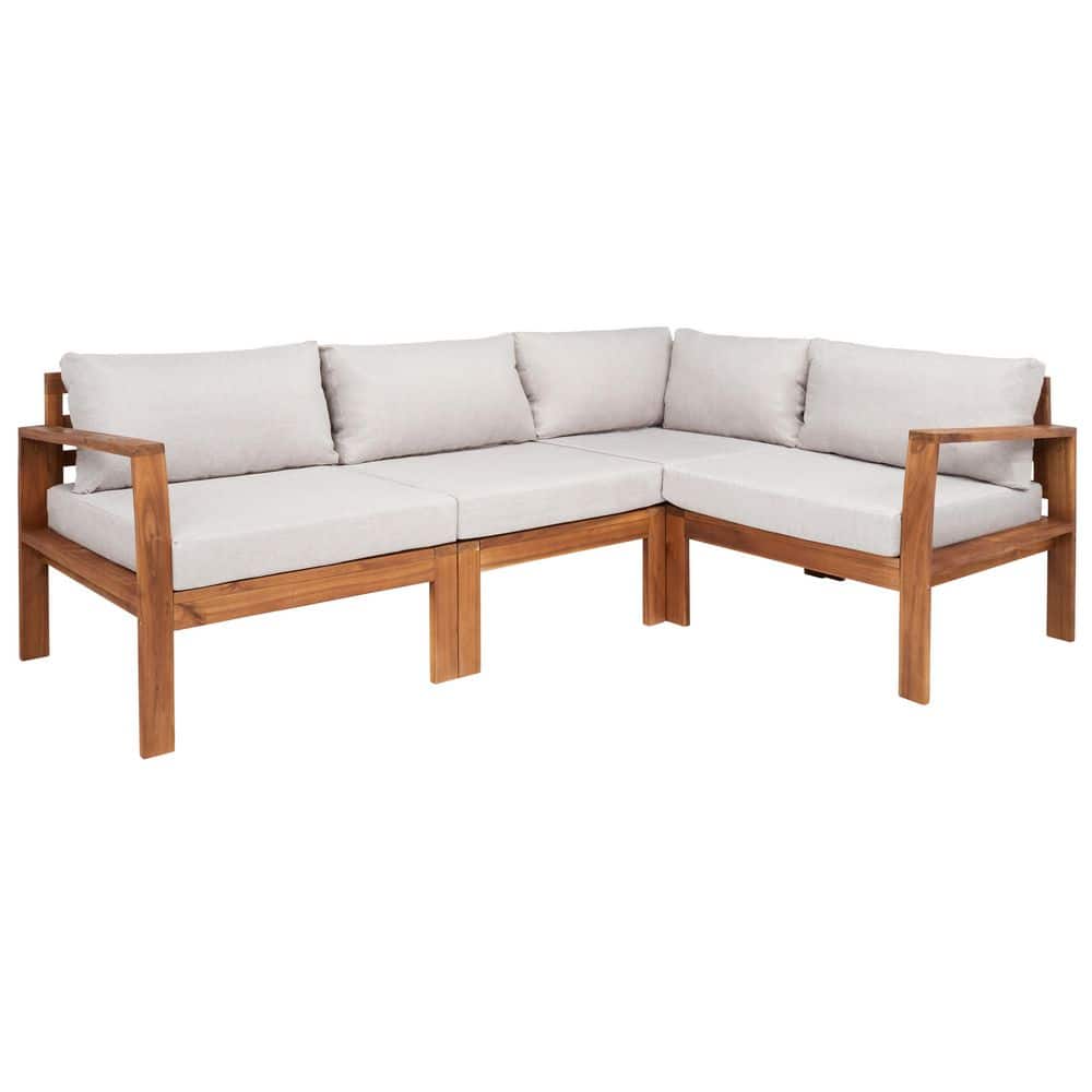 Endelia Natural Wood 4-Piece Patio Set with Light Gray Cushions