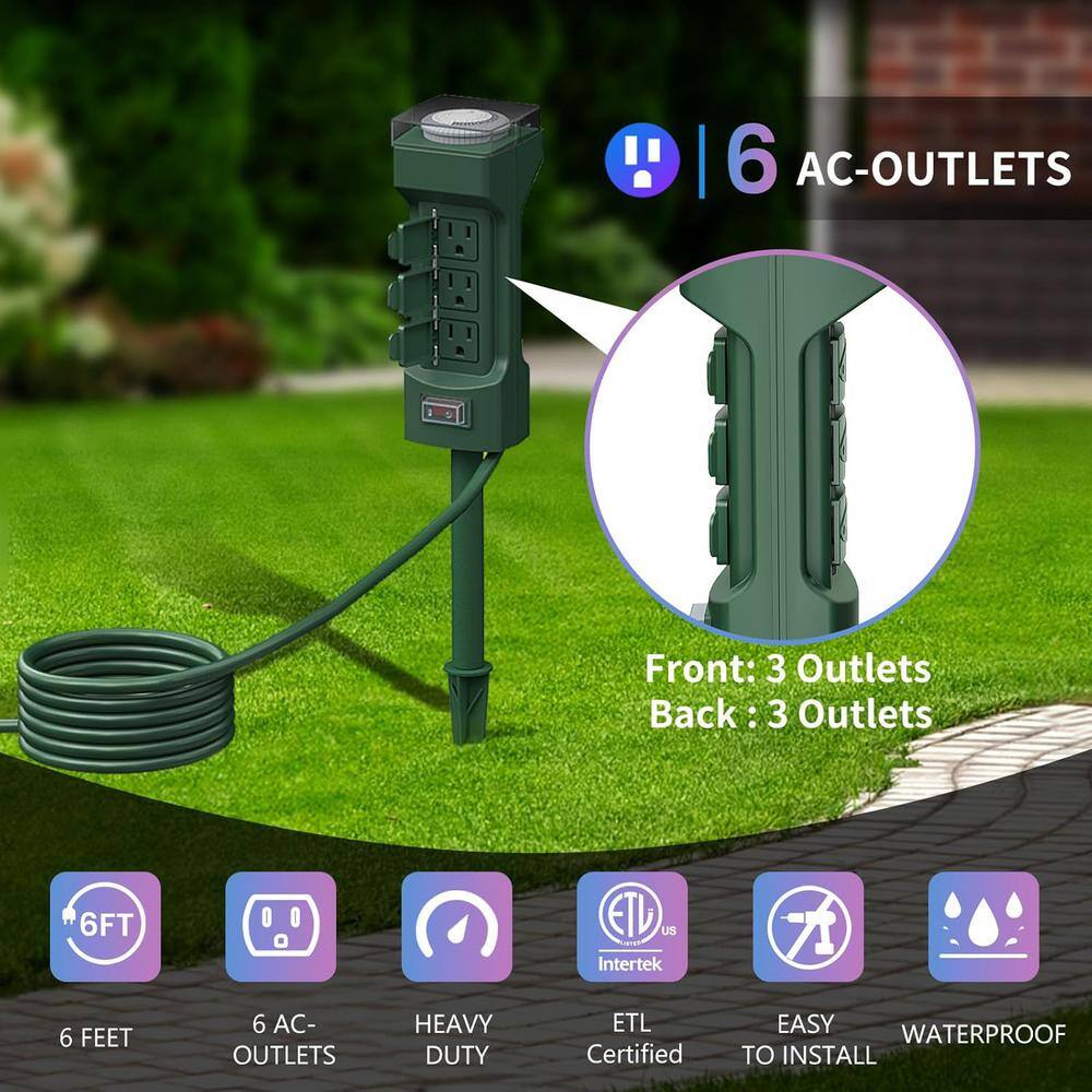 Green 6-Outlet Outdoor Stake Timer with Remote Control