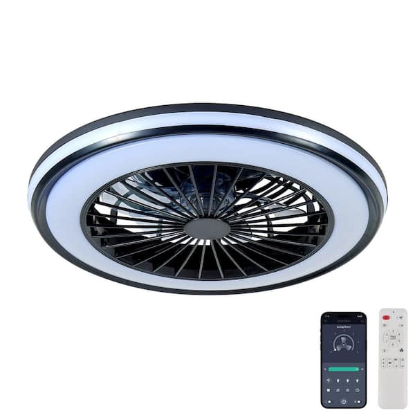 Frex 20 in. Round Gloss Black Smart LED Semi-Flush Mount Ceiling Fan with RGB Remote&App Control for Bedroom,Living room