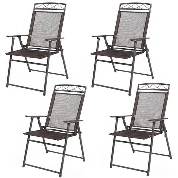 HONEY JOY Folding Metal Outdoor Lounge Chair Patio Garden Pool Chairs in Coffee (4-Pieces)