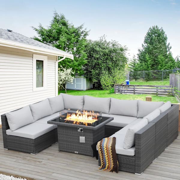 Unbranded 9 Pieces Gray Wicker Outdoor Sectionals Patio Furniture Set Conversation Set with Fire Pit Table and Light Gray Cushions