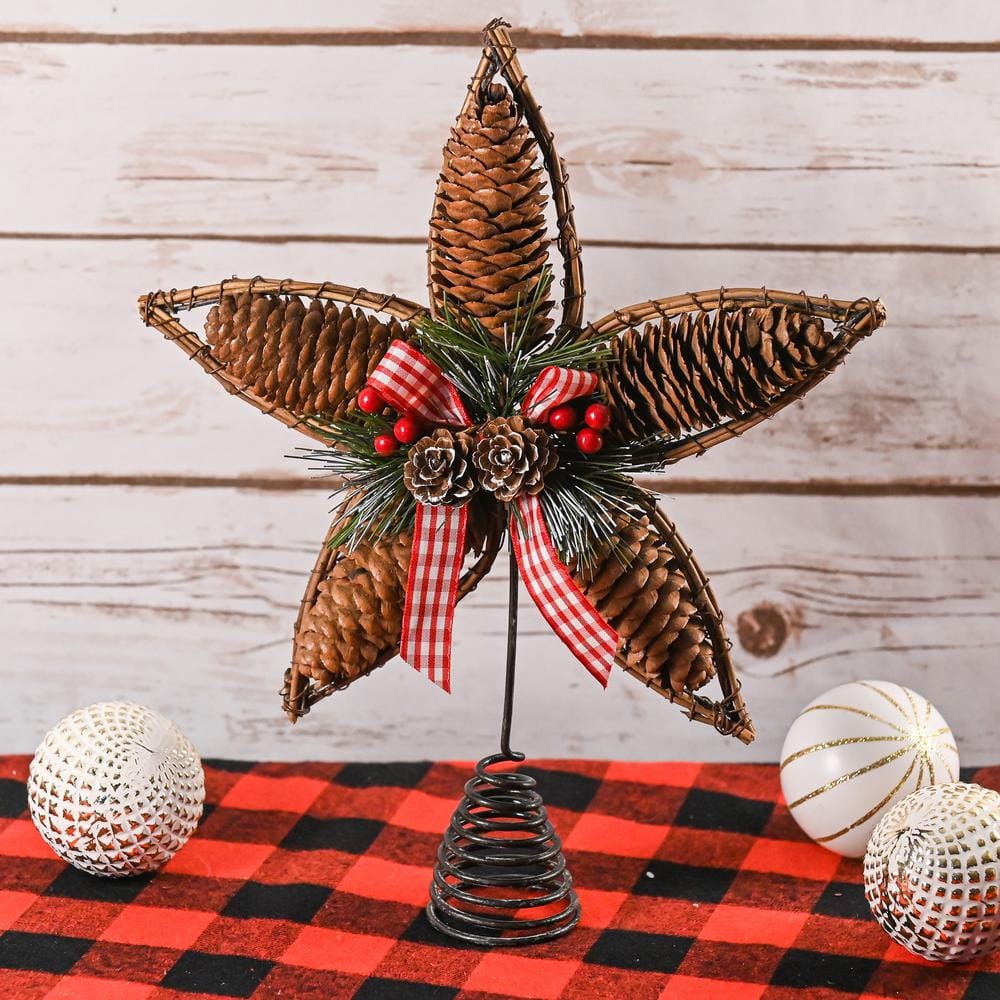 Rustic Rattan Pinecone Star Tree Topper with Holly and Berries