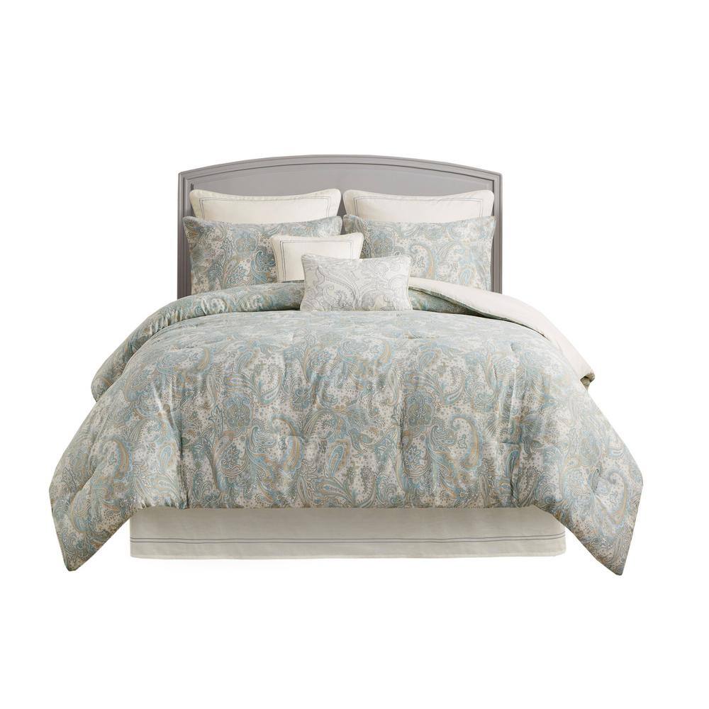 Ivory Cotton Queen Comforter Set with Paisley Print