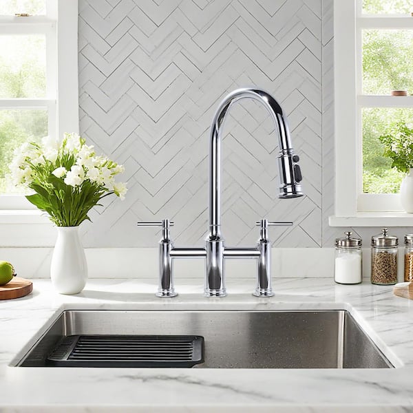Double Handle Bridge Kitchen Faucet with 3-Spray Patterns and 360° Rotation Spout in Polished Chrome