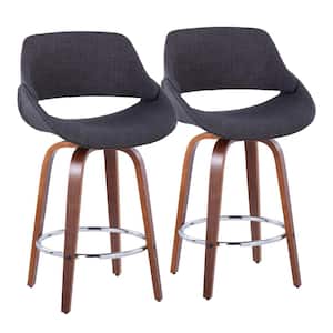 Fabrico 26 in. Charcoal Fabric and Walnut Wood Counter Stool with Chrome Footrest (Set of 2)