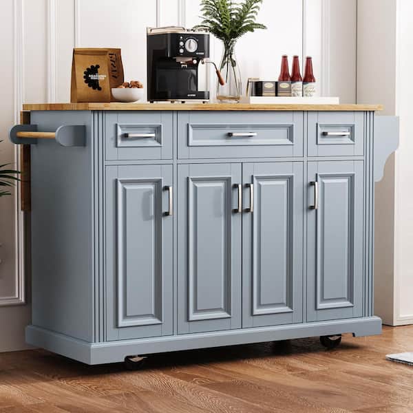 Gray Wood 53 in. Kitchen Island with 2 Bar Stools, Drop Leaf, 3-Power Outlet and 5 Open Side Racks for Kitchen Room
