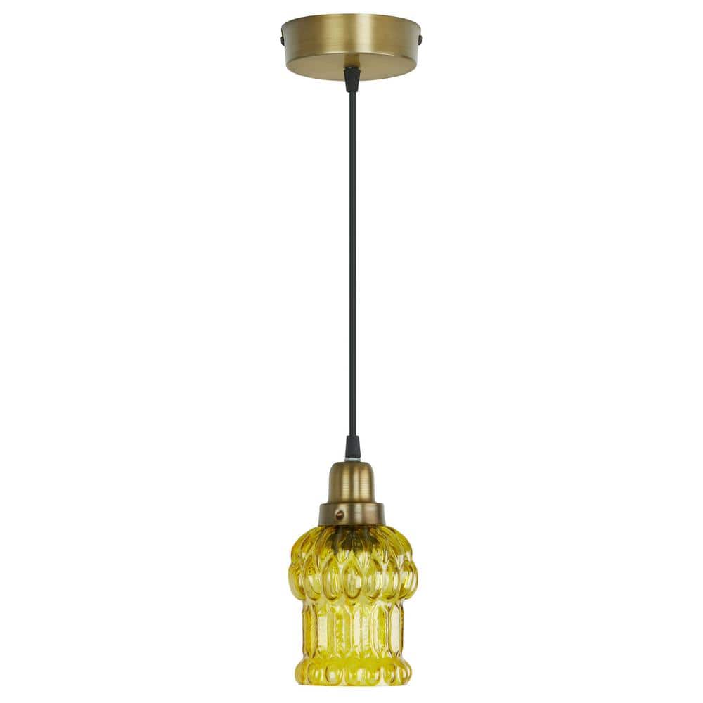 Yellow Textured Glass and Gold Metal Pendant Light, Adjustable Height