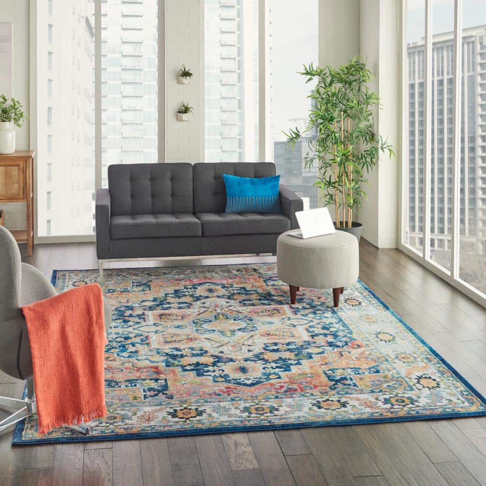 Aegean Blue Round Synthetic Easy-Care Stain-Resistant Area Rug