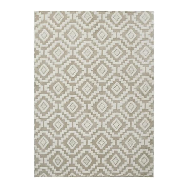 8 ft. x 10 ft. Beige/White Modern Diamond Geometric Washable Microfleece Area Rug