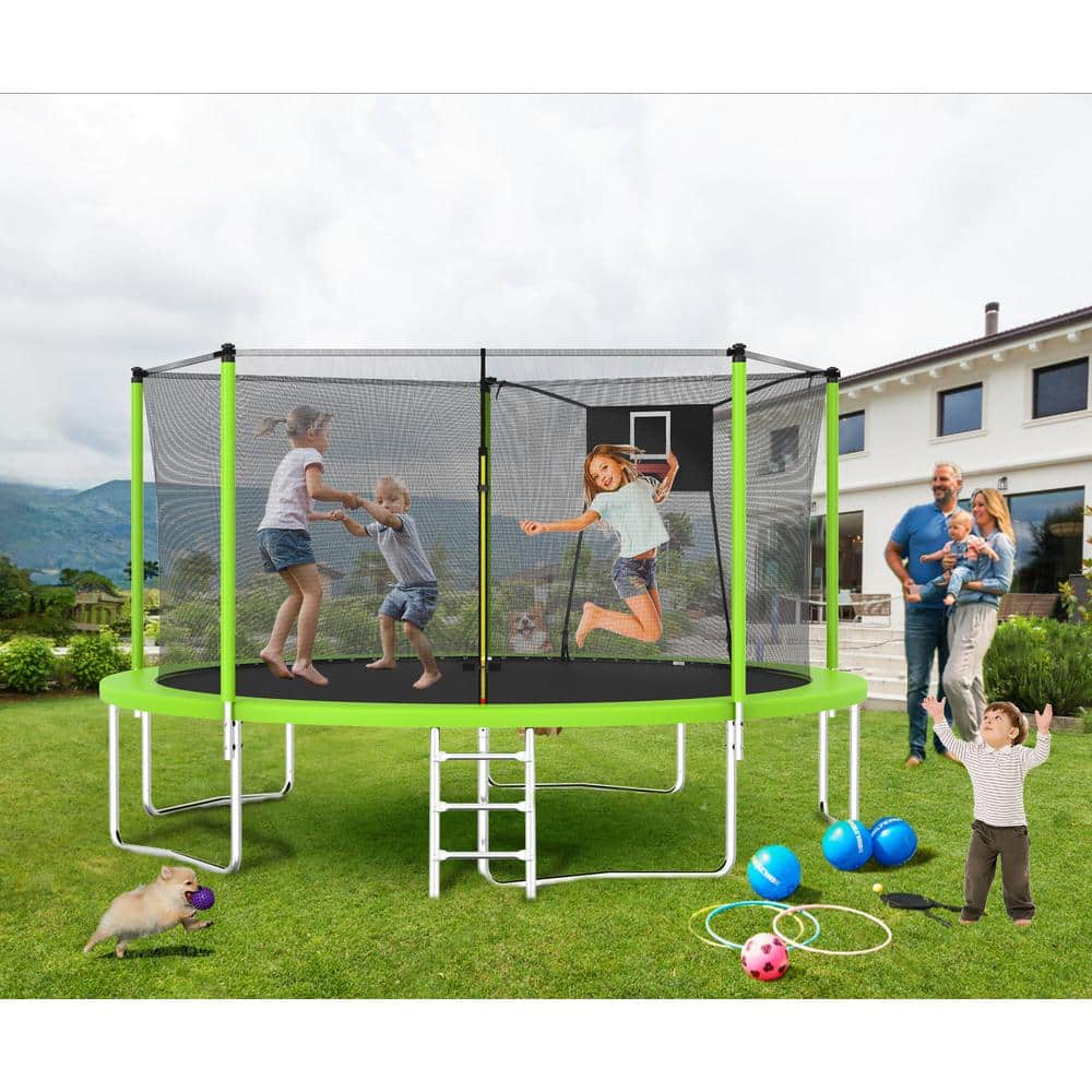 14FT Green Round Trampoline with Enclosure and Ladder