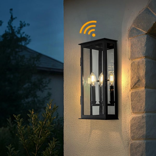 2-Light H16 in. Modern Rectangular Outdoor Wall Sconce with Dusk-to-Dawn Sensor in Matte Black Exterior Light Fixture
