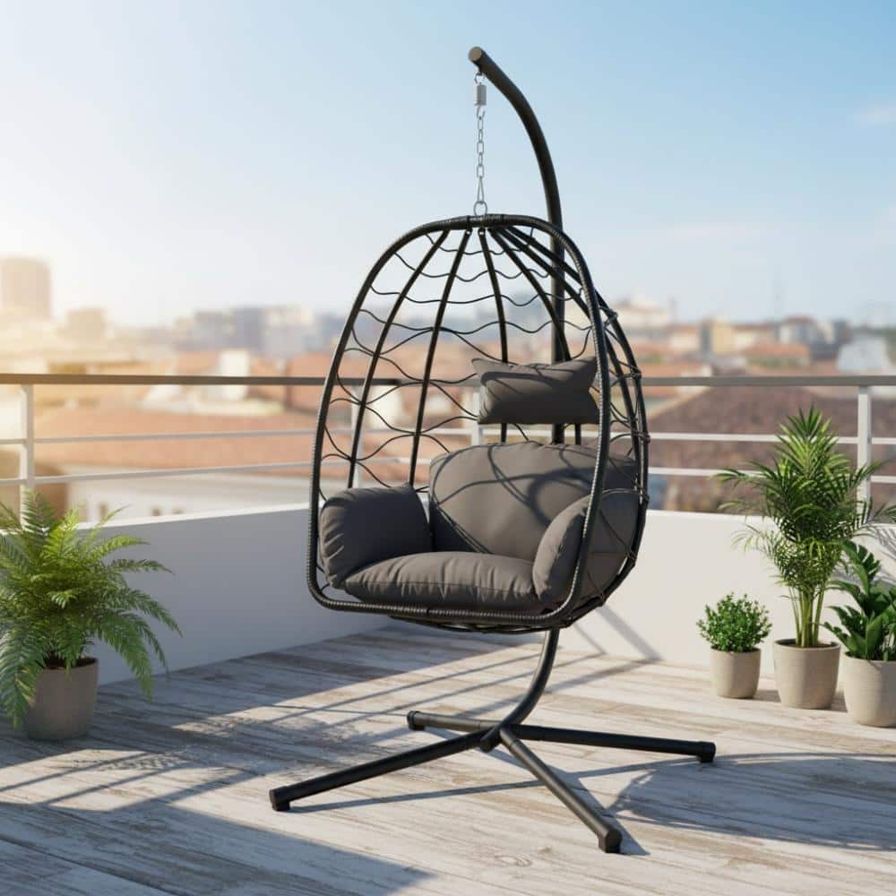 Outdoor Gray Rattan Hammock Chair with Stand and Gray Cushion for Garden,Patio price history on PriceWatchPro