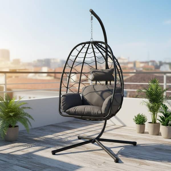 Outdoor Gray Rattan Hammock Chair with Stand and Gray Cushion for Garden,Patio