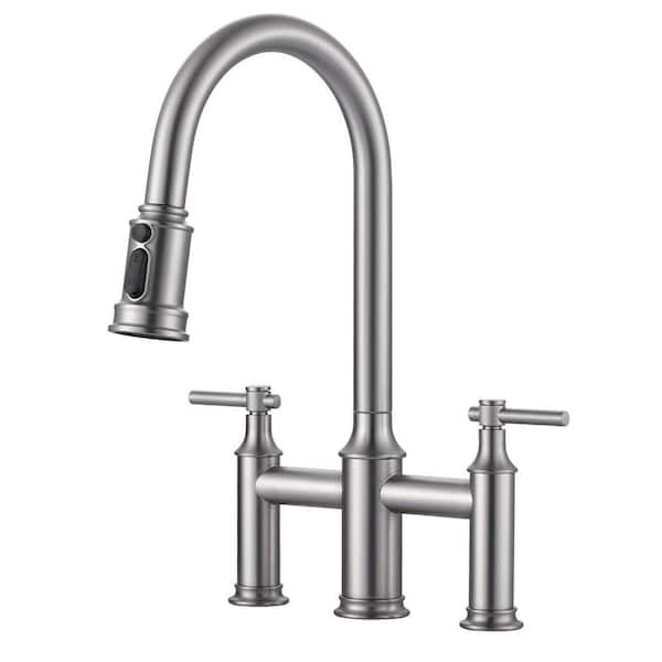 IVIGA 1 or 3 Holes Brass Double Handle Bridge Kitchen Faucet with 3-Mode Pull Down Sprayer and Supply Lines in Brushed Nickel