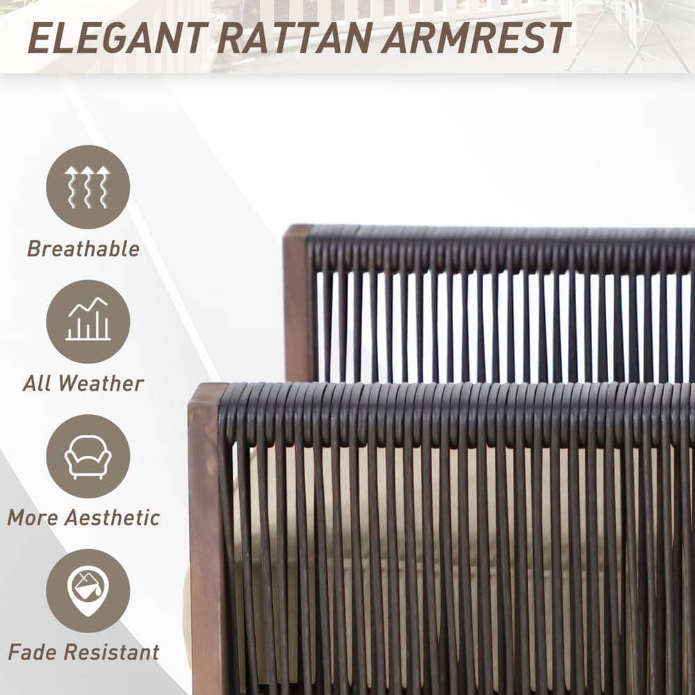 Close-up of the dark brown rope wicker detailing on the armrest.