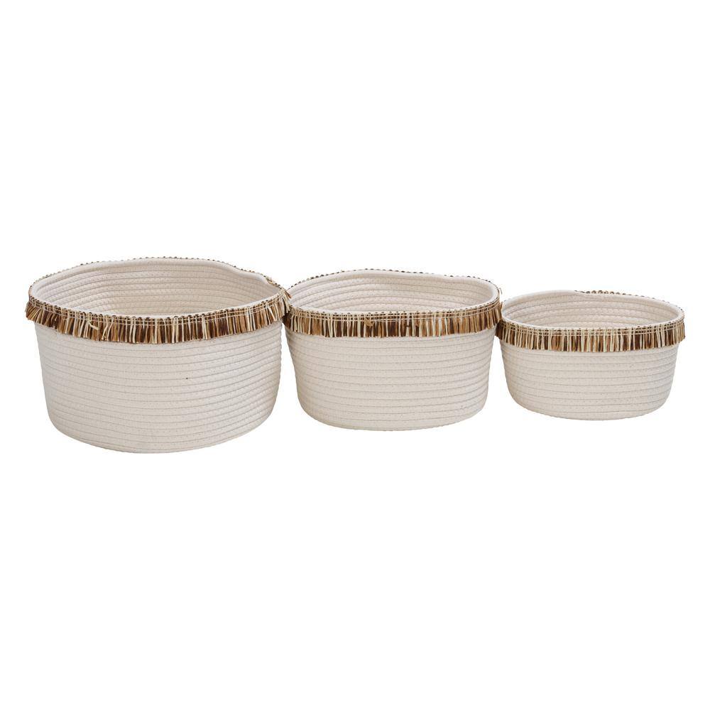 Set of 3 White Cotton Rope Round Baskets with Fringe