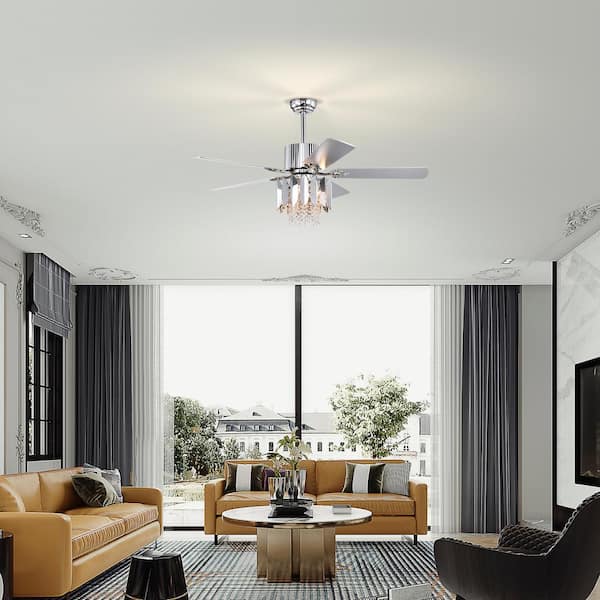 52in.Indoor/Outdoor Crystal Ceiling Fan Reversible Blades 3 Wind Speeds Remote Control for Bedroom