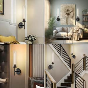 19 in. 1-Light Black Wall Sconce, Modern Wall Light with Glass Tube for Living Room, Dining Room (2-Sets)