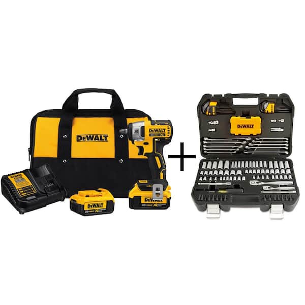 DEWALT 20V MAX XR Cordless Brushless 3/8 in. Compact Impact Wrench, Mech Tool Set (142 Piece), and (2) 20V 4.0Ah Batteries