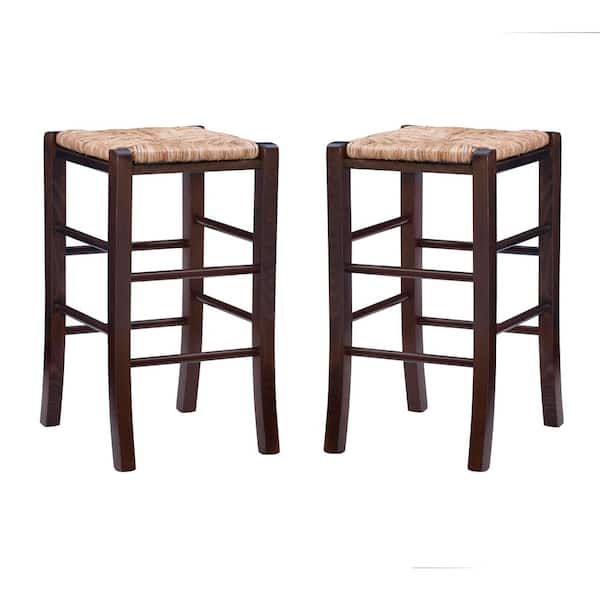 Marlene 24.5 in. Walnut Backless Wood Counter Stool with Rush Seat Set of Two