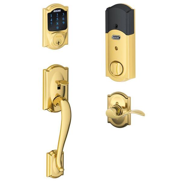 Schlage Camelot Bright Brass Connect Smart Door Lock with Alarm and Left Handed Accent Lever Handleset