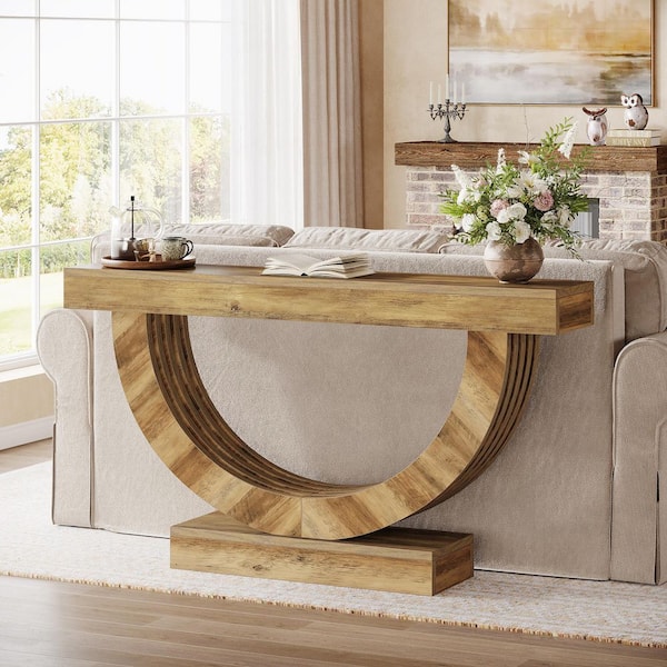 BYBLIGHT Turrella 59 in.  Brown Rectangle Engineered Wood Console Table with Semicircle Base