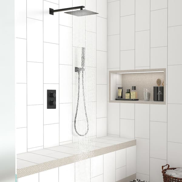 Thermostatic 1-Spray Square 10 in. Rain Dual Shower Head Wall Mount Fixed and Handheld Shower Head 1.5 GPM, Matte Black