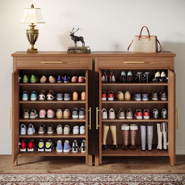 BYBLIGHT 43 in. H x 32 in. W Brown Wood Shoe Storage Cabinet with