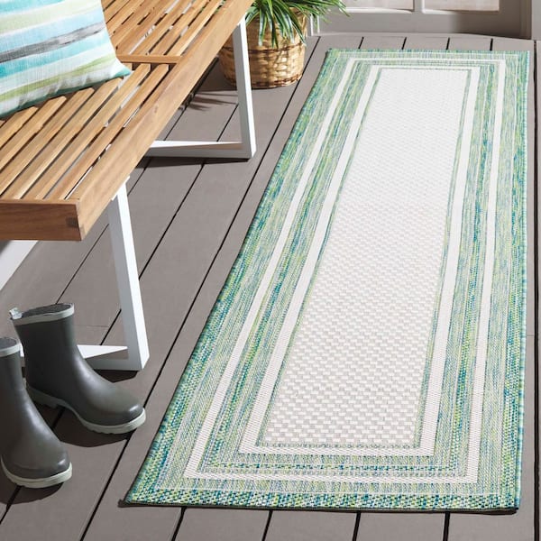 Courtyard Ivory/Green 2 ft. x 7 ft. Solid Color Striped Indoor/Outdoor Runner Rug