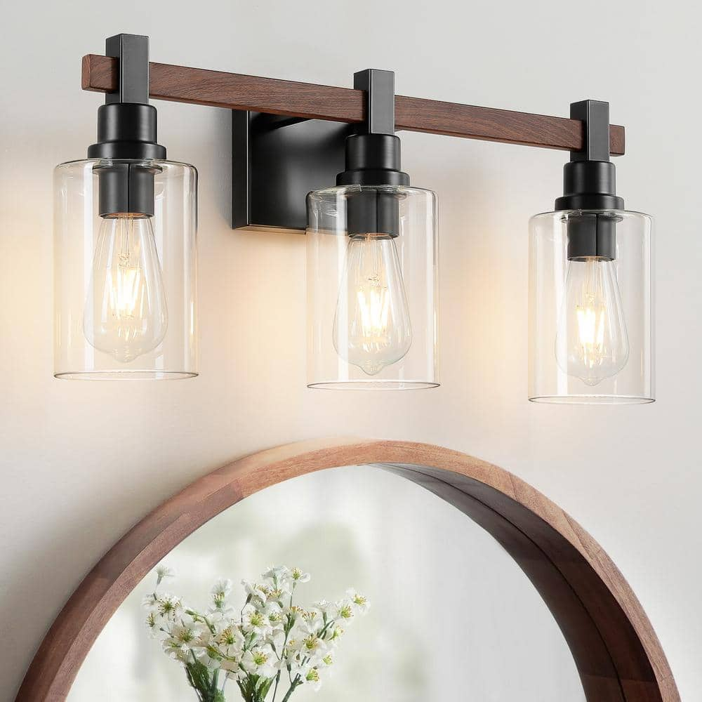 KAISITE 22.5 in. 3 Light Black and Walnut Vanity Light with Clear Glass ...