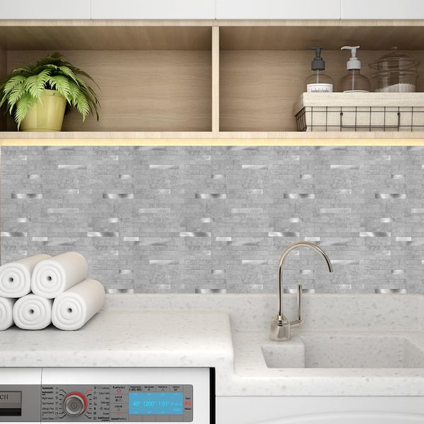 12-sheets Silver Grey 11.5 in. x 11.75 in. Peel & Stick Metallic Wall Tile Backsplash [12 sq.ft./pack]