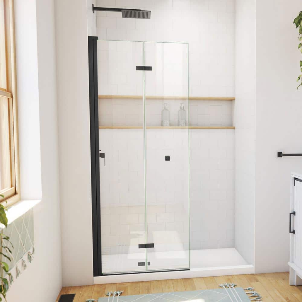 Matte Black Frameless Bi-Fold Shower Door with Clear Glass