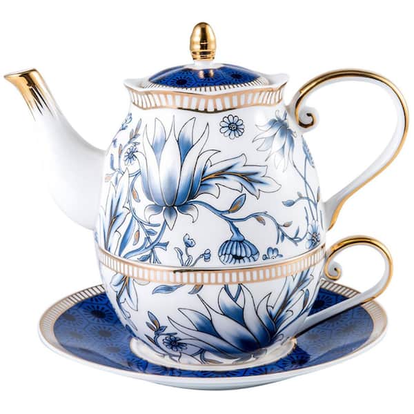 Accent Plate Ceramic 1-Cup Blue Vintage Floral Bone China Porcelain Tea Set for One with Teapot Cup Saucer Teaspoon