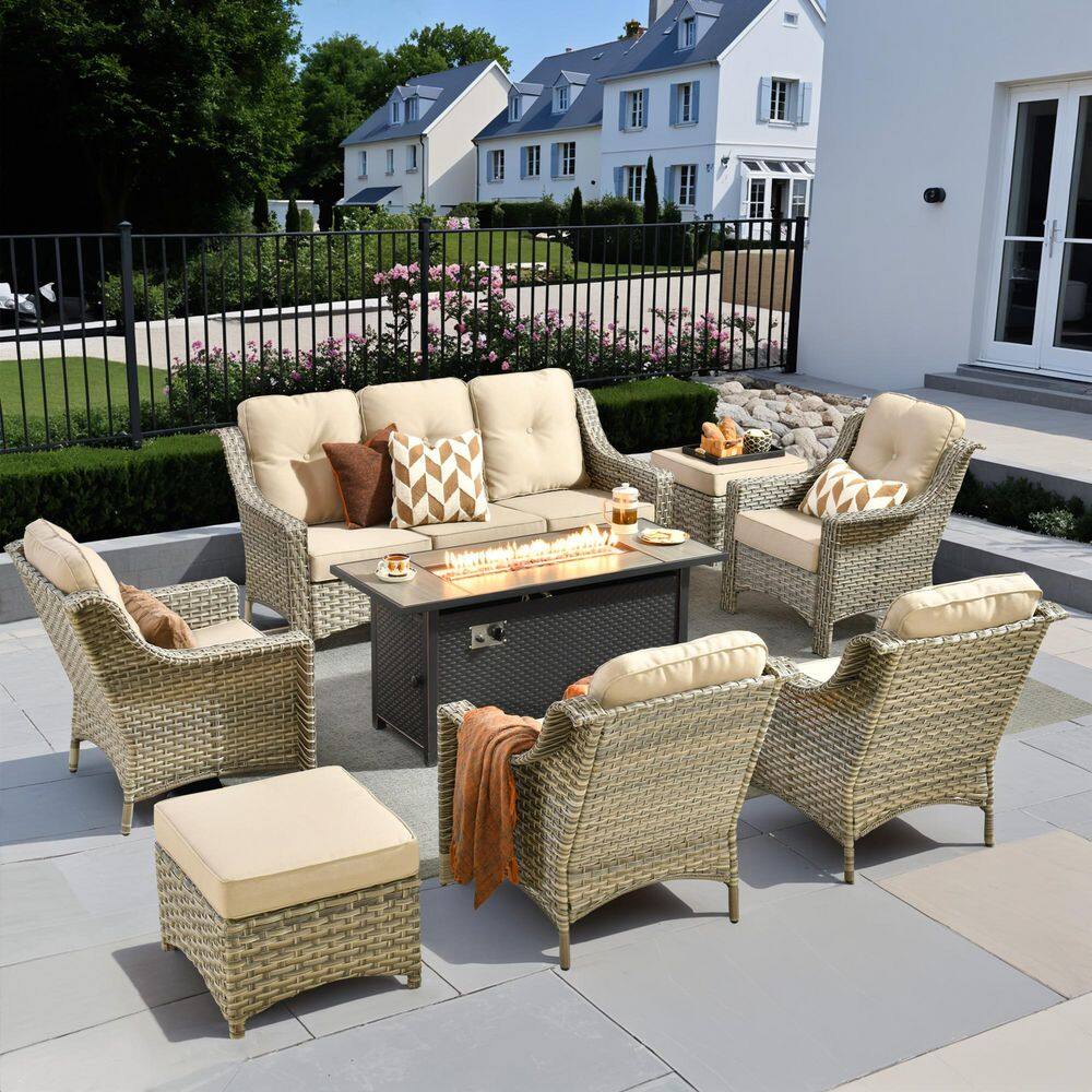 Eureka 8-Piece Wicker Outdoor Fire Pit Patio Conversation Sofa Chairs Set with Ottomans and Beige Cushions price history on PriceWatchPro