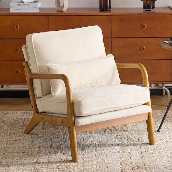 Beige Chenille Armchair with Solid Wood Handrail