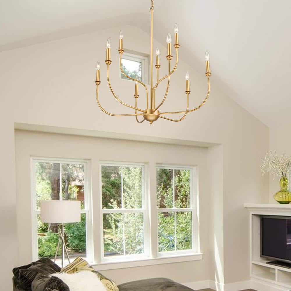 Gold 9-Light 2-Tier Candle Style Metal Chandelier
