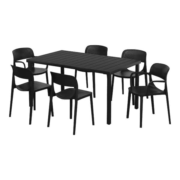 WESTIN OUTDOOR Frond and Form Modern Outdoor Patio Poly Plastic 7-Piece Rectangle Table Dining Set w/ 6 Stackable Chairs in Black