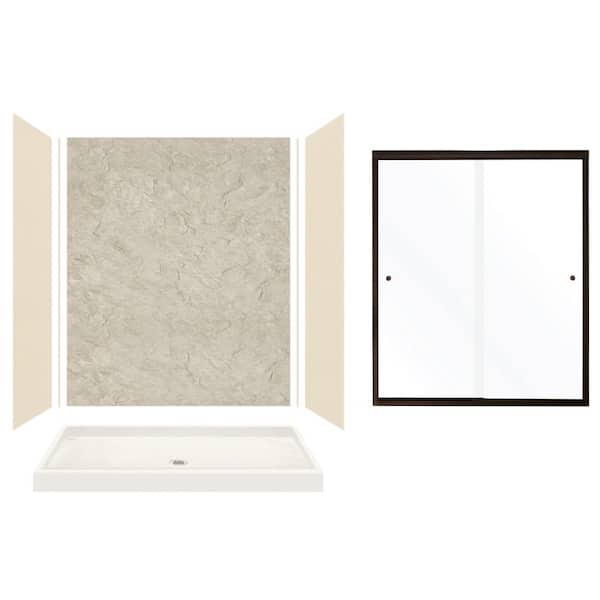 Transolid Expressions 32 in. x 60 in. x 72 in. Center Drain Alcove Shower Kit with Door in Bisque/Sea Fog and Bronze Hardware