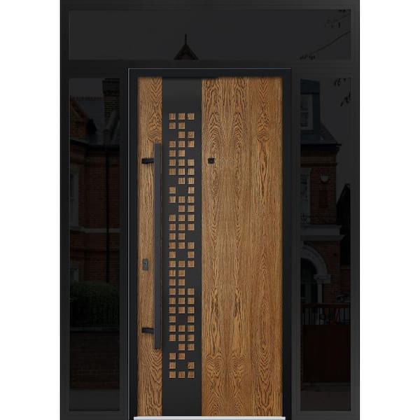 VDOMDOORS 6678 60 in. x 96 in. Right-hand/Inswing 3 Sidelights Natural Oak Steel Prehung Front Door with Hardware