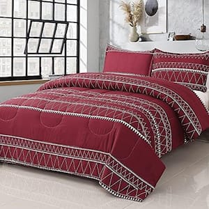 3-Piece All Season Bedding Queen Size Comforter Set, Ultra Soft Polyester Elegant Bedding Comforters-Red