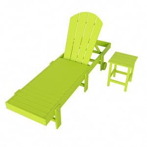 Laguna 2-Piece Fade Resistant HDPE Plastic Adjustable Outdoor Adirondack Chaise with Wheels and Side Table in Lime