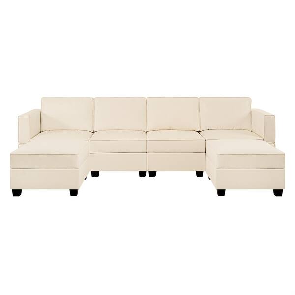 HOMESTOCK 112.6 in. Faux Leather 4-Seater Living Room Modular Sectional Sofa with Double Ottoman for Streamlined Comfort in Beige