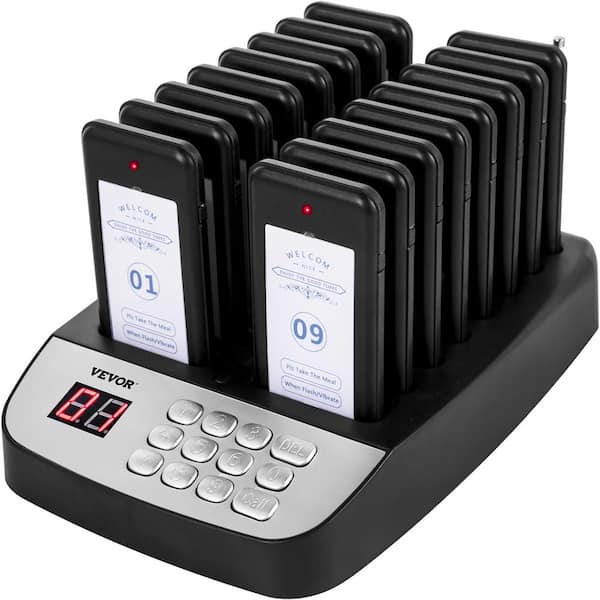 VEVOR F100 Wireless Calling System 16 Pagers Max 98 Beepers Restaurant Pager System Set with Vibration, Flashing and Buzzer